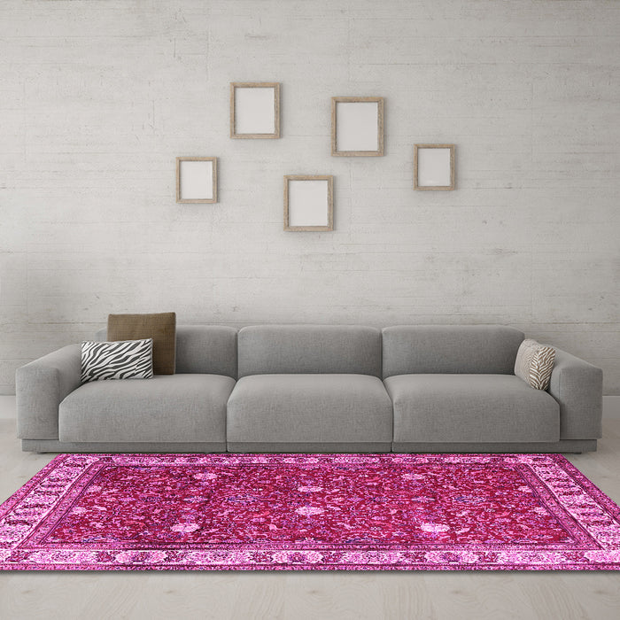 Machine Washable Persian Pink Traditional Rug in a Living Room, wshtr3952pnk