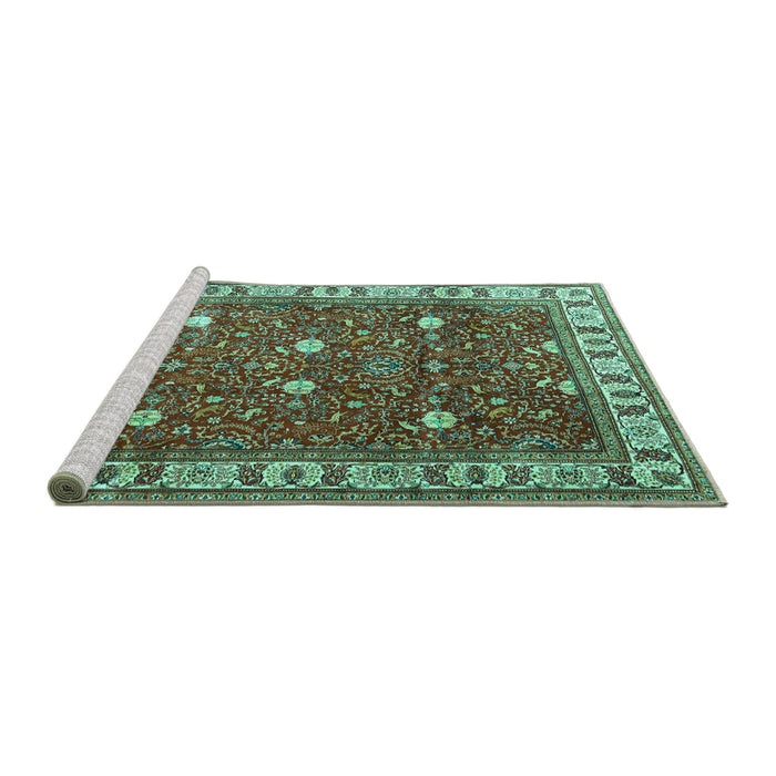 Sideview of Machine Washable Persian Turquoise Traditional Area Rugs, wshtr3952turq