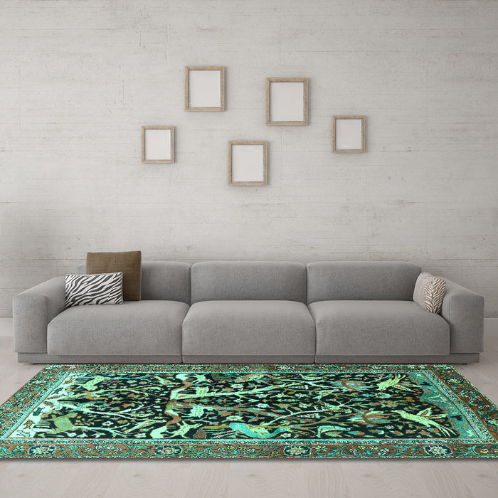 Machine Washable Animal Turquoise Traditional Area Rugs in a Living Room,, wshtr3953turq