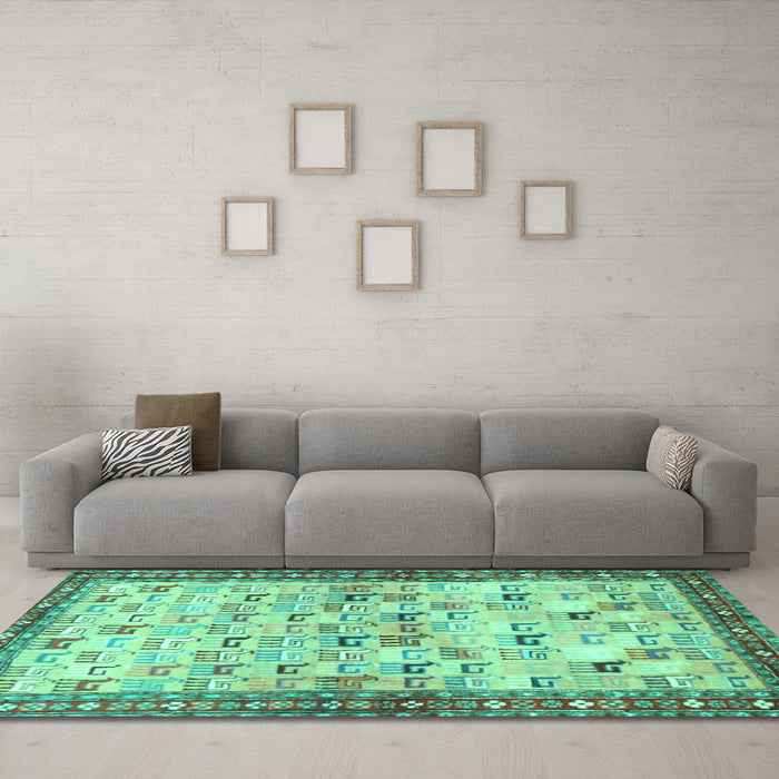 Machine Washable Persian Turquoise Traditional Area Rugs in a Living Room,, wshtr3956turq