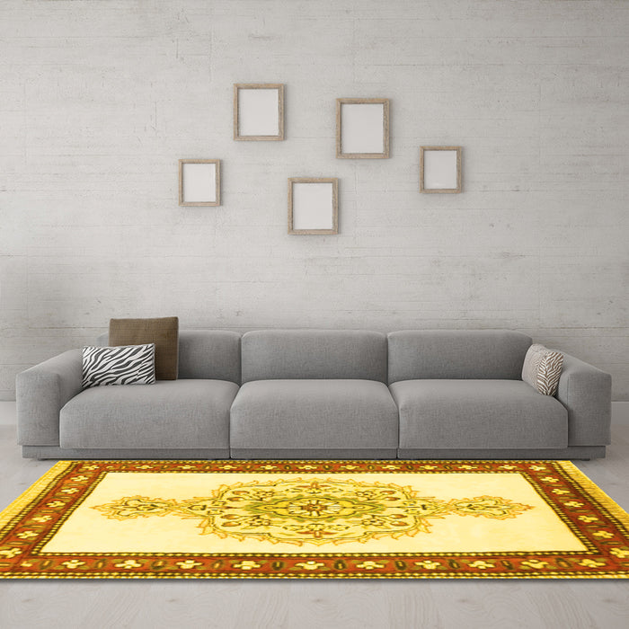 Machine Washable Persian Yellow Traditional Rug in a Living Room, wshtr3958yw