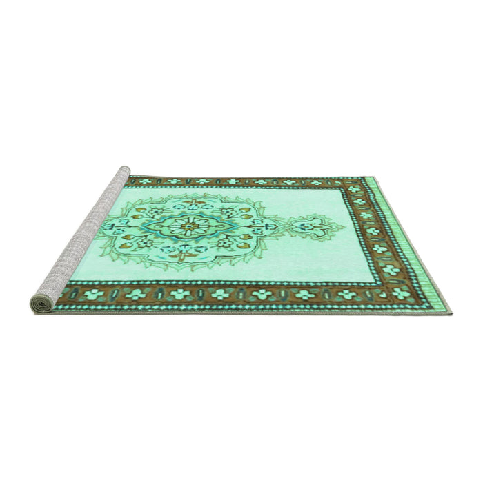 Sideview of Machine Washable Persian Turquoise Traditional Area Rugs, wshtr3958turq