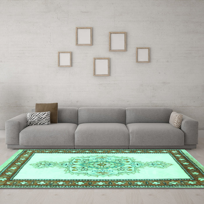 Machine Washable Persian Turquoise Traditional Area Rugs in a Living Room,, wshtr3958turq