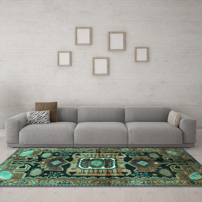 Machine Washable Persian Turquoise Traditional Area Rugs in a Living Room,, wshtr3959turq