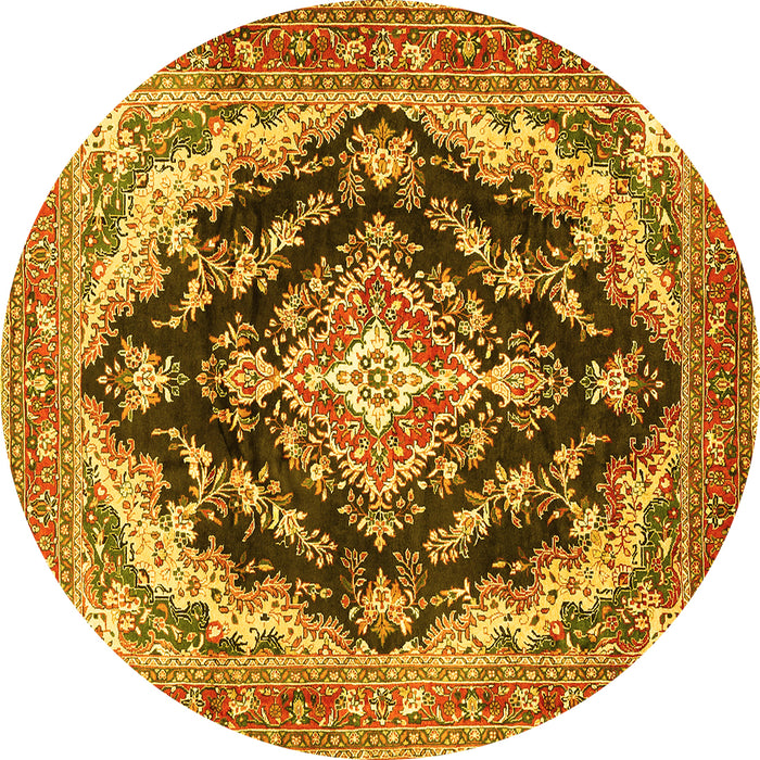 Round Machine Washable Medallion Yellow Traditional Rug, wshtr395yw