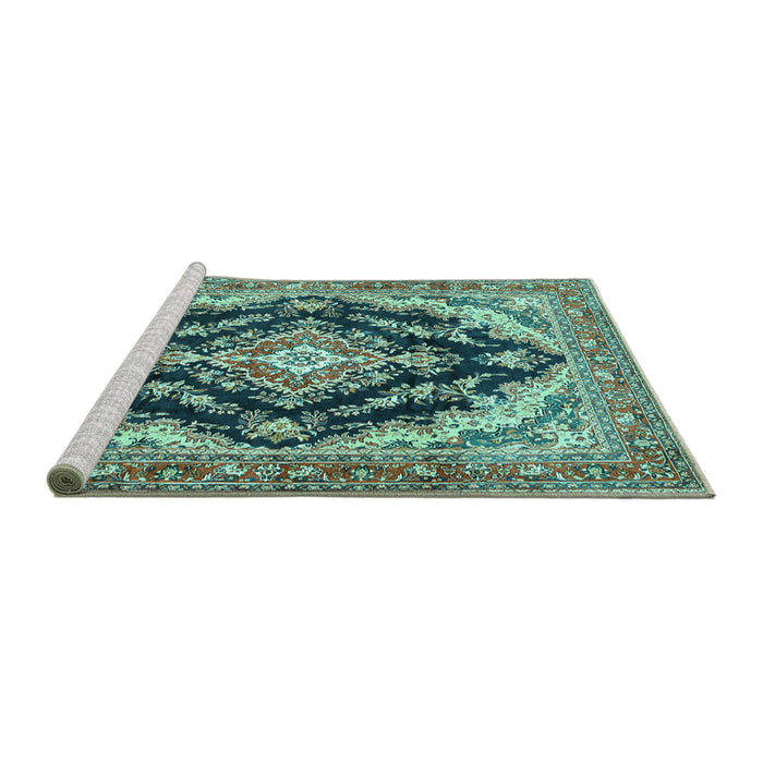 Sideview of Machine Washable Medallion Turquoise Traditional Area Rugs, wshtr395turq