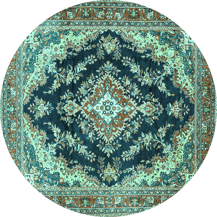 Round Machine Washable Medallion Turquoise Traditional Area Rugs, wshtr395turq