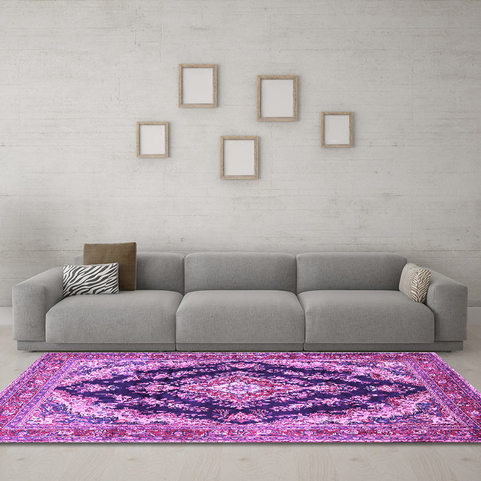 Machine Washable Medallion Purple Traditional Area Rugs in a Living Room, wshtr395pur