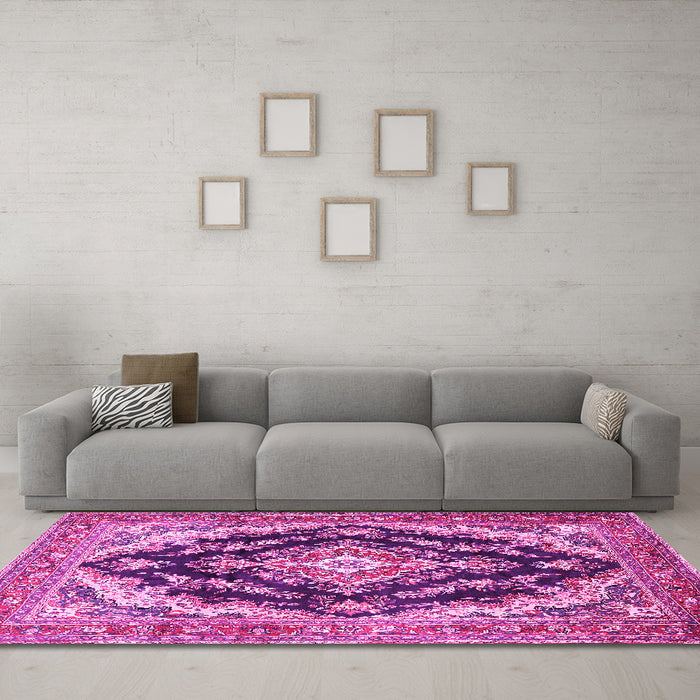 Machine Washable Medallion Pink Traditional Rug in a Living Room, wshtr395pnk