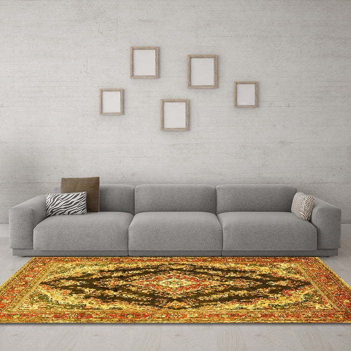 Machine Washable Medallion Yellow Traditional Rug in a Living Room, wshtr395yw