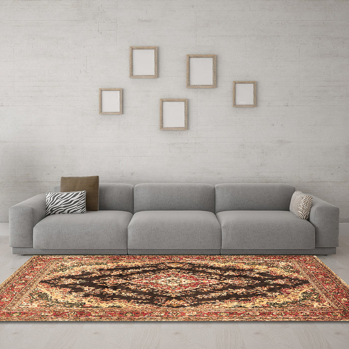 Machine Washable Medallion Brown Traditional Rug in a Living Room,, wshtr395brn