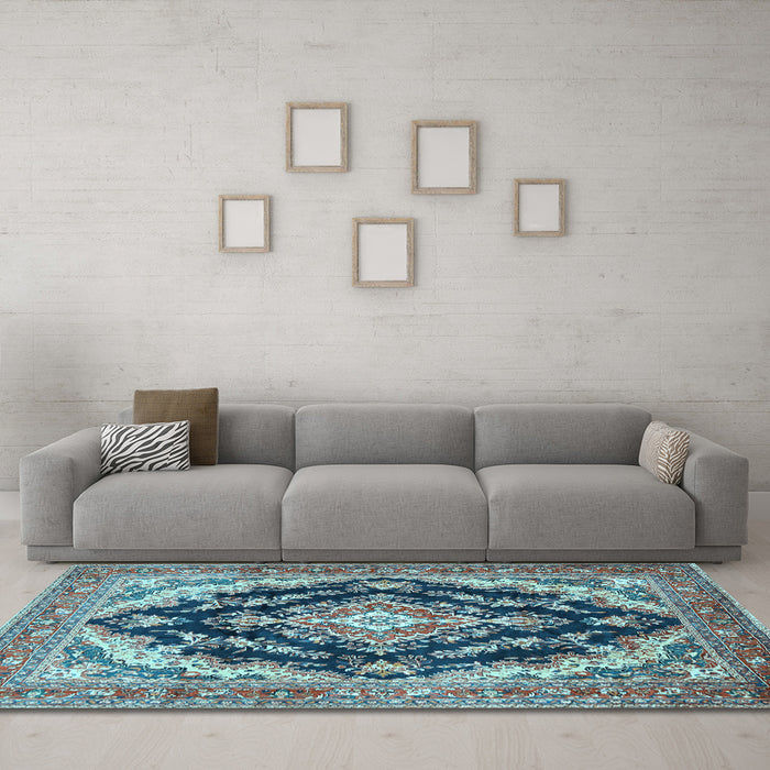 Machine Washable Medallion Light Blue Traditional Rug in a Living Room, wshtr395lblu