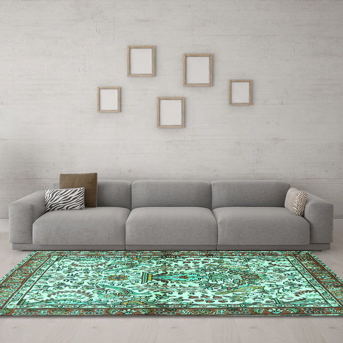 Machine Washable Persian Turquoise Traditional Area Rugs in a Living Room,, wshtr3960turq