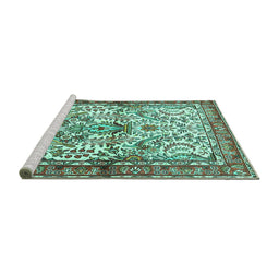 Sideview of Machine Washable Persian Turquoise Traditional Area Rugs, wshtr3960turq
