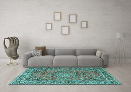 Machine Washable Persian Turquoise Traditional Area Rugs in a Living Room,, wshtr3961turq