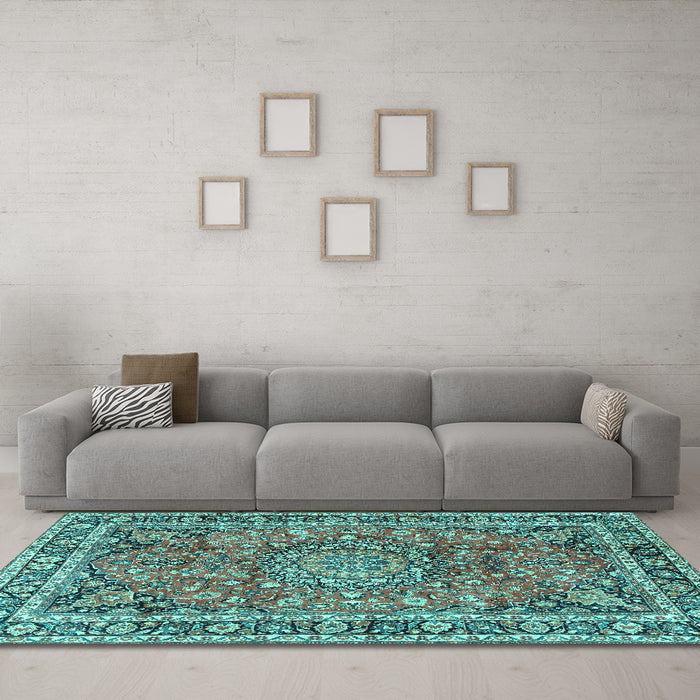 Machine Washable Persian Turquoise Traditional Area Rugs in a Living Room,, wshtr3961turq