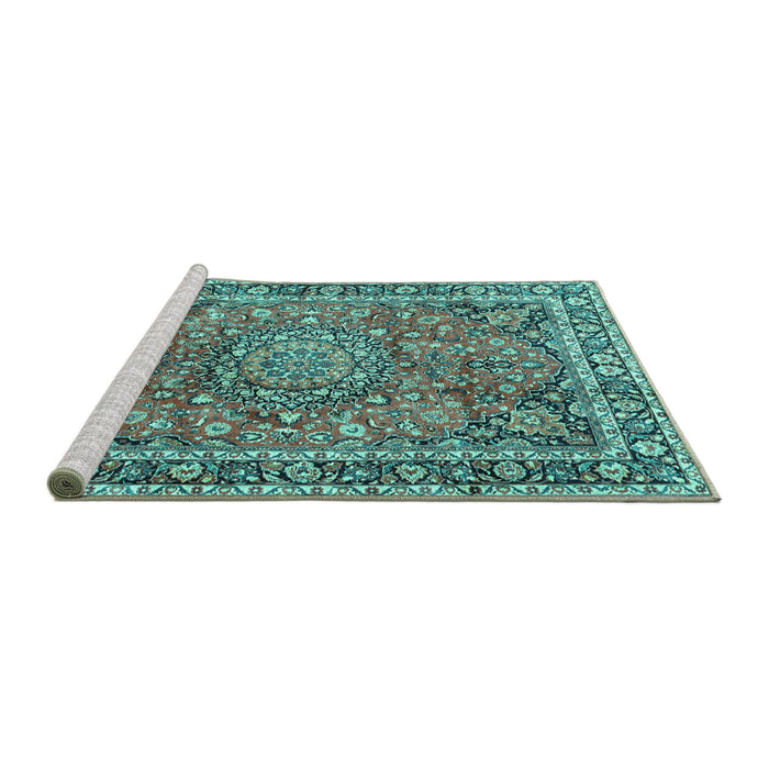 Sideview of Machine Washable Persian Turquoise Traditional Area Rugs, wshtr3961turq