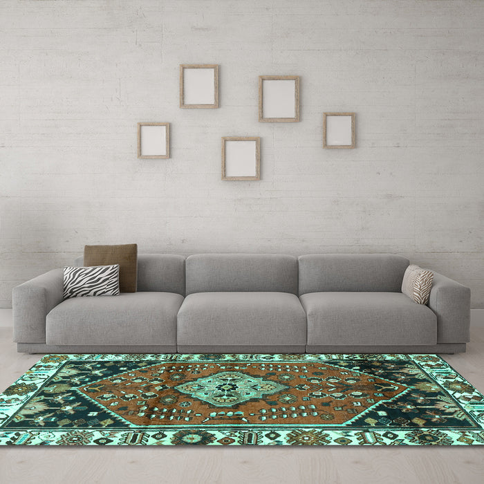 Machine Washable Persian Turquoise Traditional Area Rugs in a Living Room,, wshtr3962turq