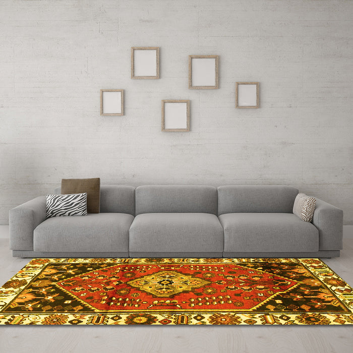 Machine Washable Persian Yellow Traditional Rug in a Living Room, wshtr3962yw