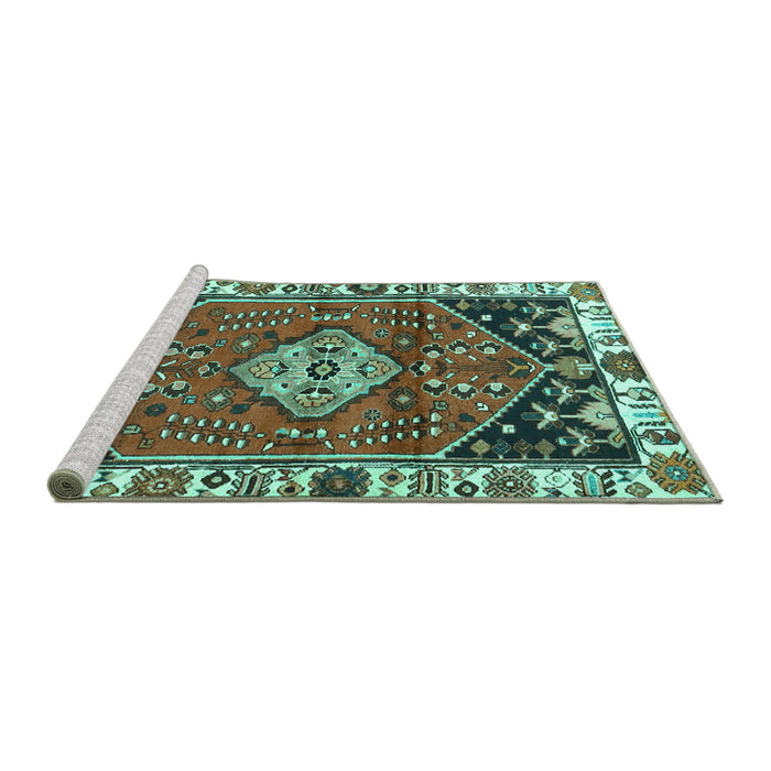 Sideview of Machine Washable Persian Turquoise Traditional Area Rugs, wshtr3962turq