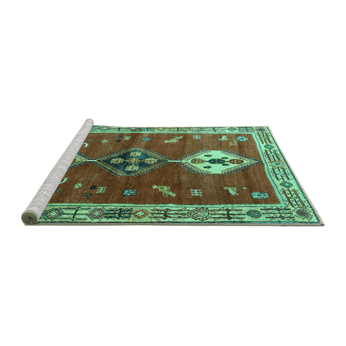 Sideview of Machine Washable Persian Turquoise Traditional Area Rugs, wshtr3963turq