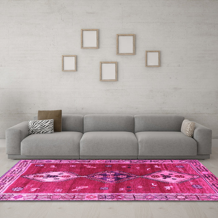Machine Washable Persian Pink Traditional Rug in a Living Room, wshtr3963pnk