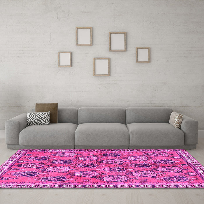 Machine Washable Persian Pink Traditional Rug in a Living Room, wshtr3964pnk