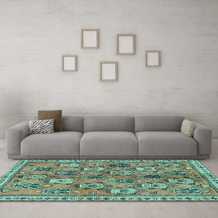 Machine Washable Persian Turquoise Traditional Area Rugs in a Living Room,, wshtr3964turq