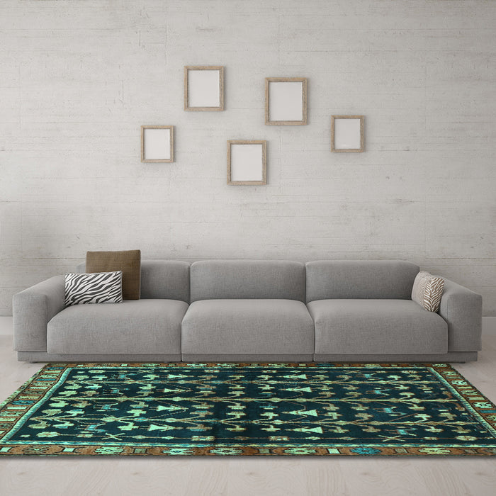 Machine Washable Persian Turquoise Traditional Area Rugs in a Living Room,, wshtr3966turq