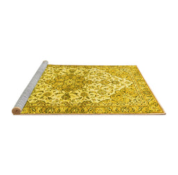 Sideview of Machine Washable Medallion Yellow Traditional Rug, wshtr3968yw