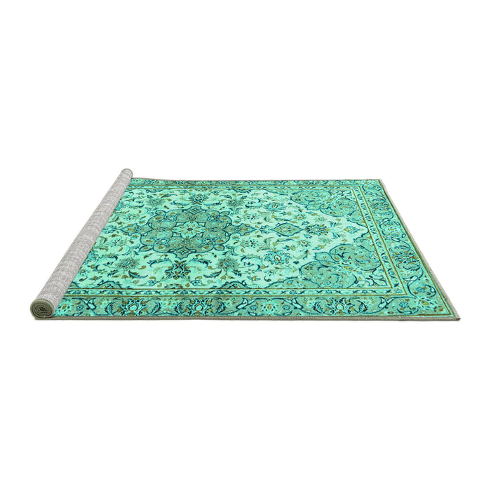 Sideview of Machine Washable Medallion Turquoise Traditional Area Rugs, wshtr3968turq