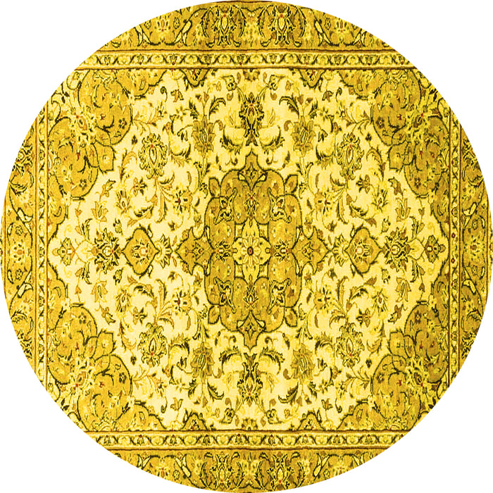 Round Machine Washable Medallion Yellow Traditional Rug, wshtr3968yw