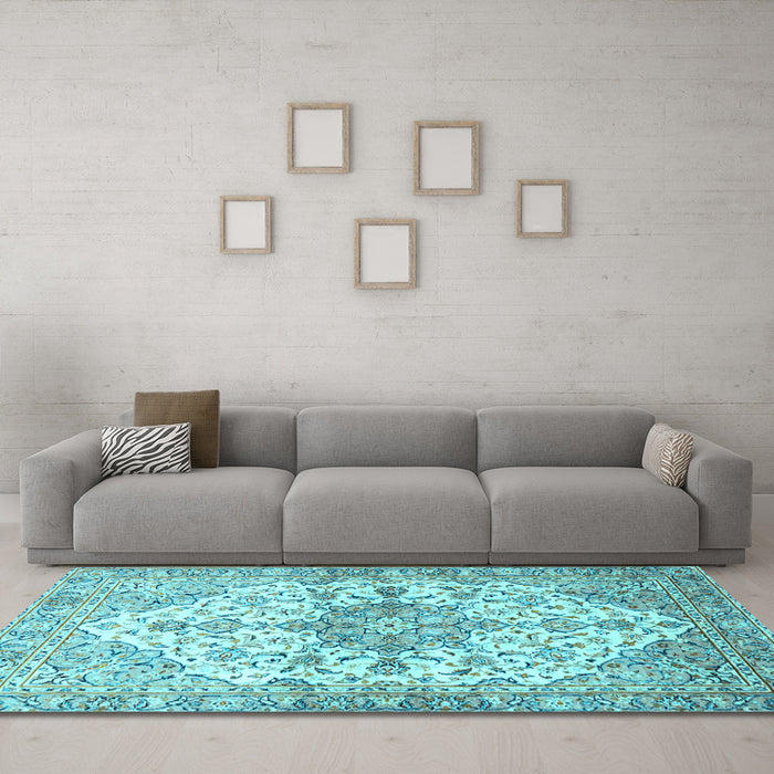 Machine Washable Medallion Light Blue Traditional Rug in a Living Room, wshtr3968lblu