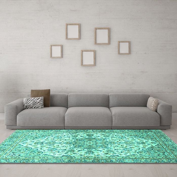 Machine Washable Medallion Turquoise Traditional Area Rugs in a Living Room,, wshtr3968turq