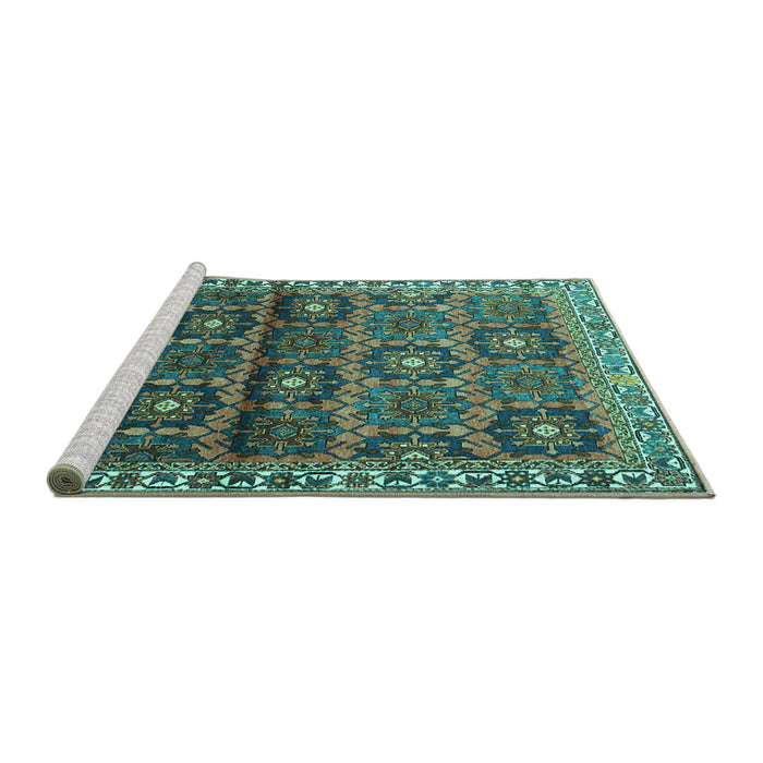 Sideview of Machine Washable Persian Turquoise Traditional Area Rugs, wshtr3969turq