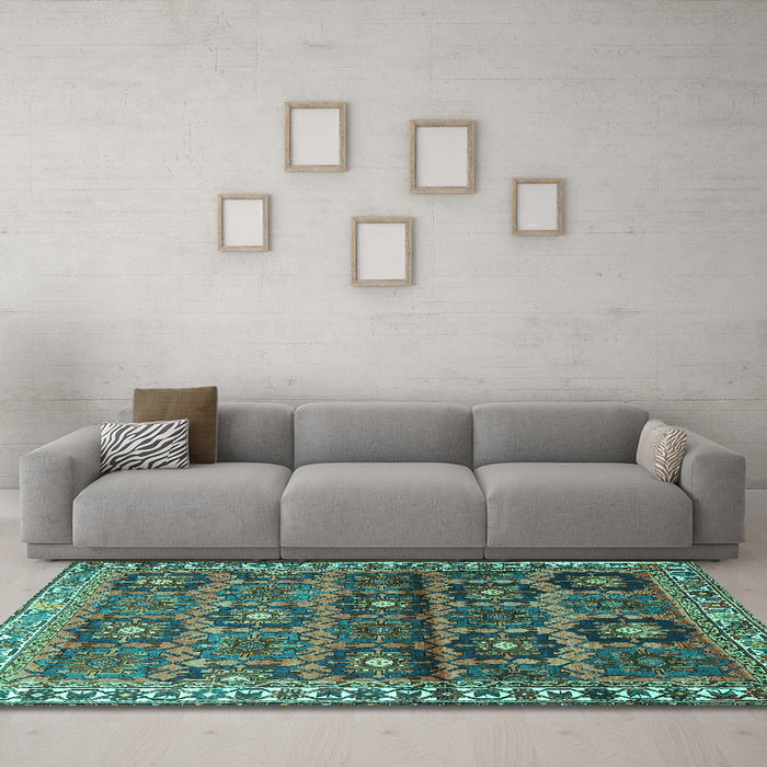 Machine Washable Persian Turquoise Traditional Area Rugs in a Living Room,, wshtr3969turq