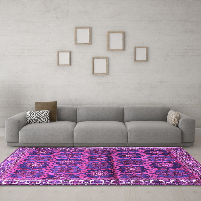 Machine Washable Persian Purple Traditional Area Rugs in a Living Room, wshtr3969pur