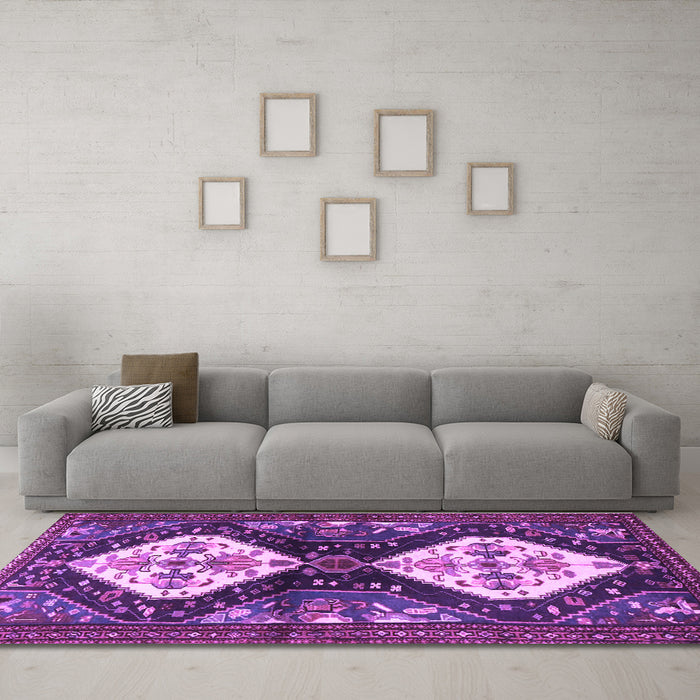 Machine Washable Persian Purple Traditional Area Rugs in a Living Room, wshtr3970pur