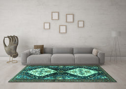 Machine Washable Persian Turquoise Traditional Area Rugs in a Living Room,, wshtr3970turq