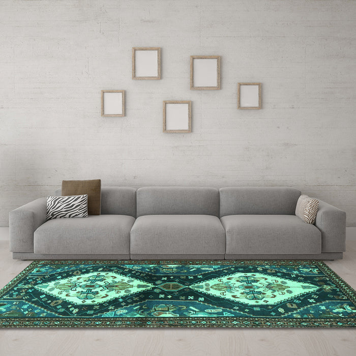 Machine Washable Persian Turquoise Traditional Area Rugs in a Living Room,, wshtr3970turq