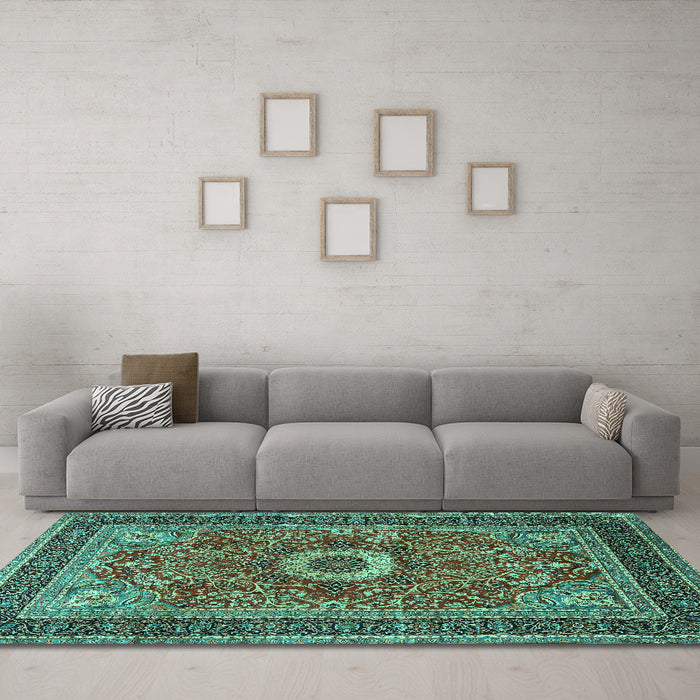 Machine Washable Persian Turquoise Traditional Area Rugs in a Living Room,, wshtr3974turq