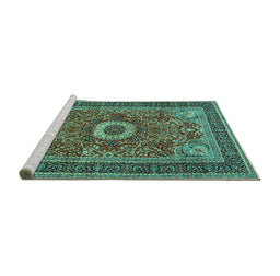 Sideview of Machine Washable Persian Turquoise Traditional Area Rugs, wshtr3974turq