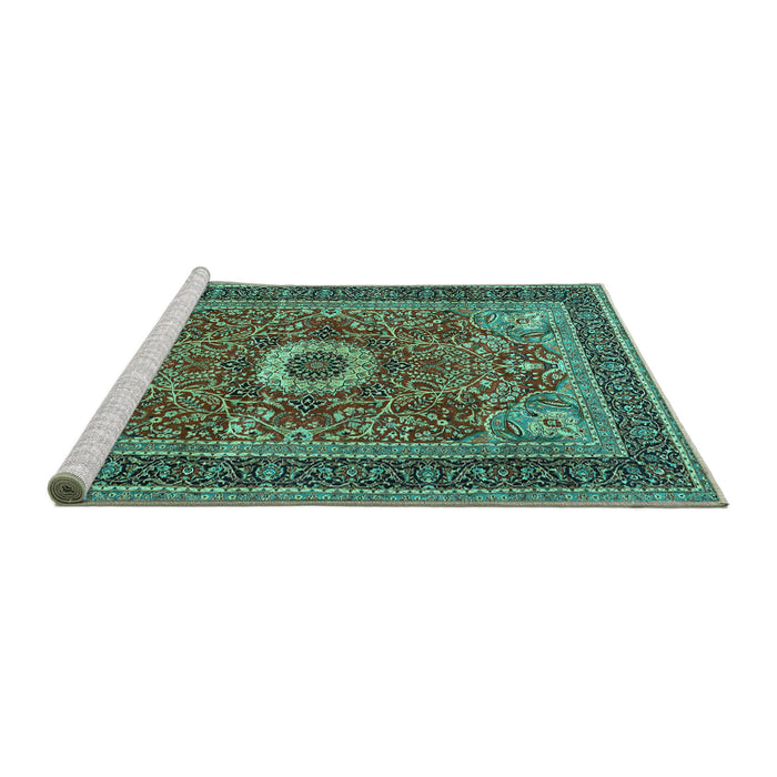 Sideview of Machine Washable Persian Turquoise Traditional Area Rugs, wshtr3974turq