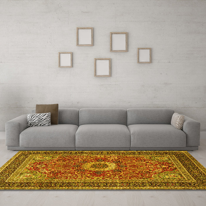 Machine Washable Persian Yellow Traditional Rug in a Living Room, wshtr3974yw