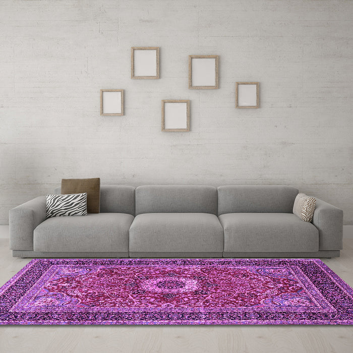 Machine Washable Persian Purple Traditional Area Rugs in a Living Room, wshtr3974pur