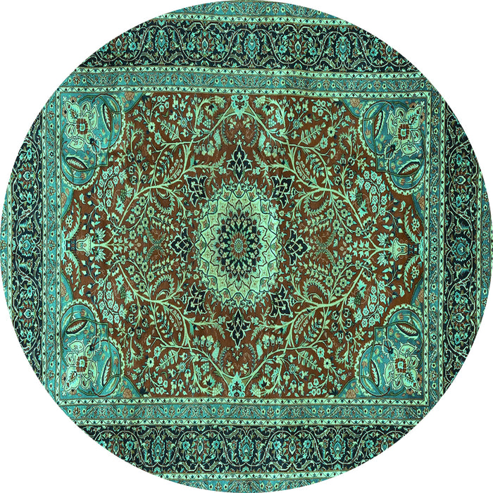 Round Machine Washable Persian Turquoise Traditional Area Rugs, wshtr3974turq