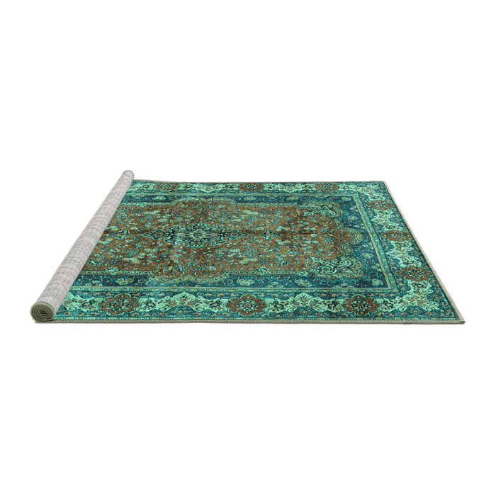Sideview of Machine Washable Persian Turquoise Traditional Area Rugs, wshtr3976turq