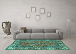 Machine Washable Persian Turquoise Traditional Area Rugs in a Living Room,, wshtr3976turq