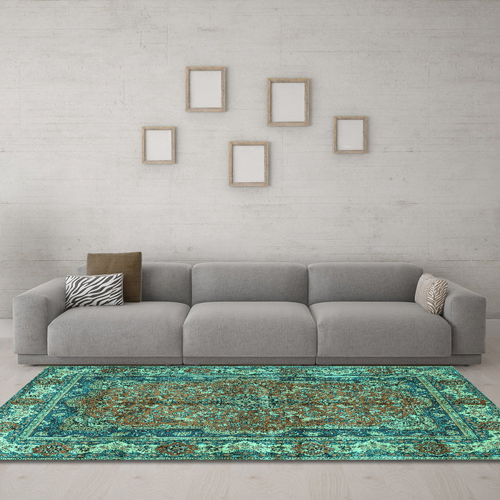 Machine Washable Persian Turquoise Traditional Area Rugs in a Living Room,, wshtr3976turq