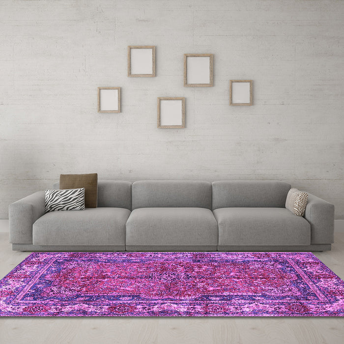Machine Washable Persian Purple Traditional Area Rugs in a Living Room, wshtr3976pur